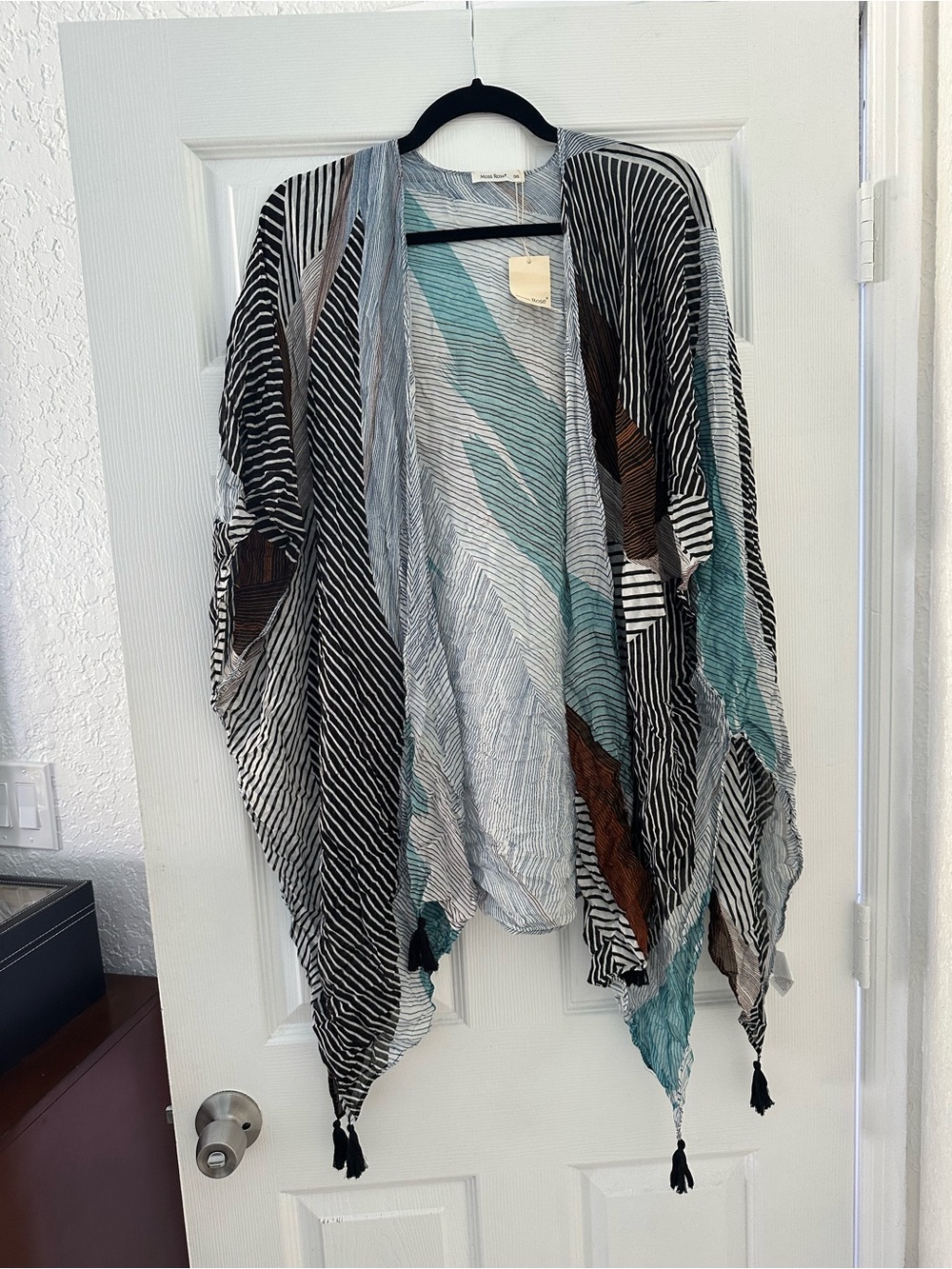 Lightweight Teal, Black, White & Brown Striped Swim Coverup